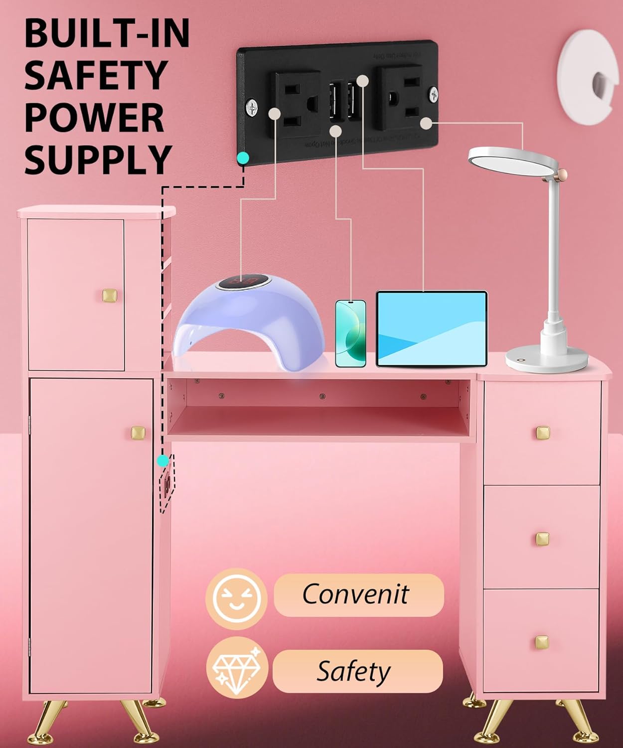 Pink Nail Table for Nail Tech, - Beauty Makeup Desk ulasan dan harga