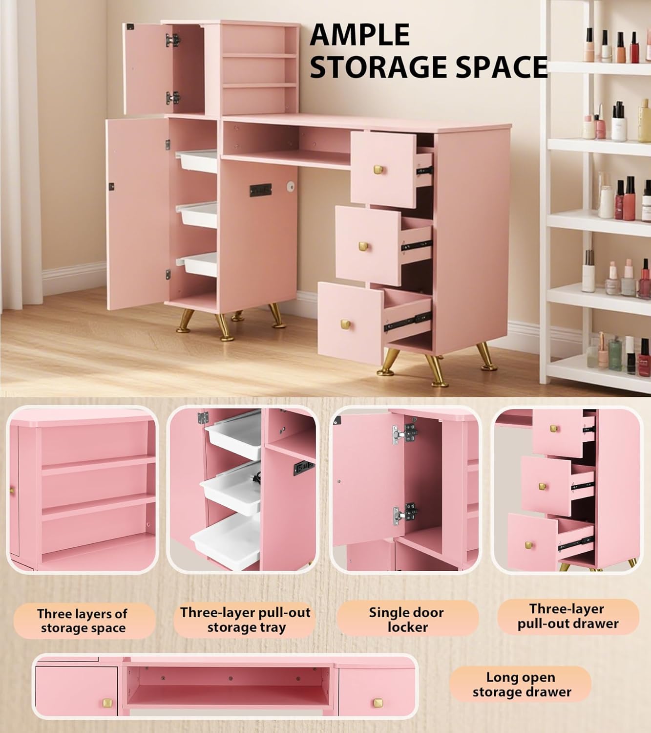 Pink Nail Table for Nail Tech, - Beauty Makeup Desk ulasan dan harga